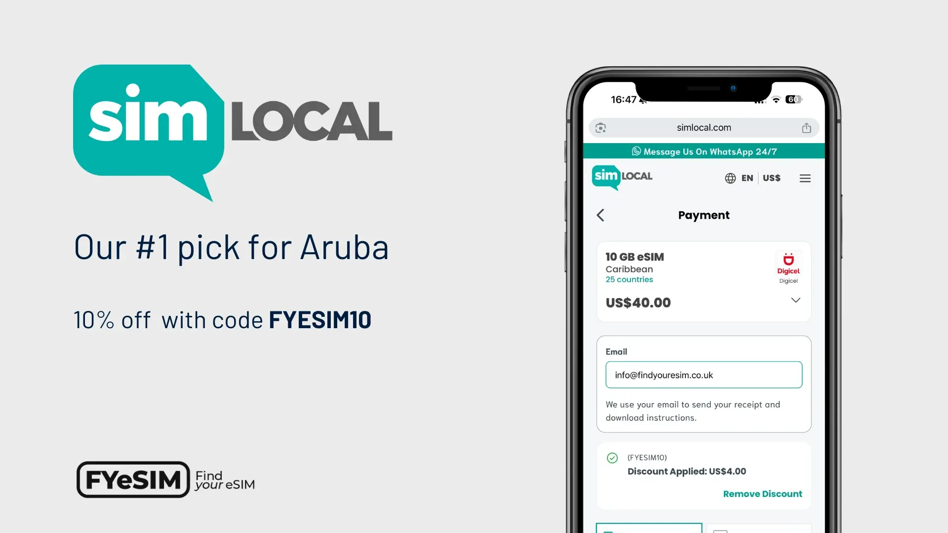 Sim Local checkout showing the Find Your eSIM discount applied to a Digicel eSIM plan for Aruba