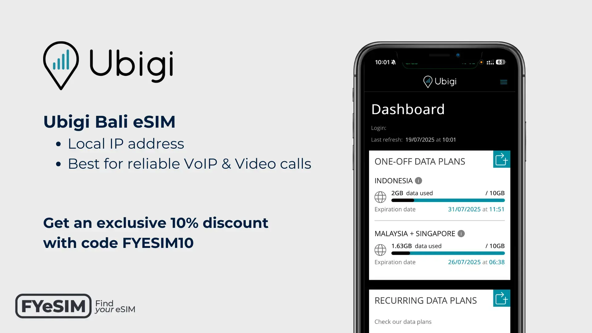 Promotional image for Ubigi Bali eSIM, highlighting features like a local IP address and reliable VoIP and video calls, with the Ubigi dashboard showing active data plans for Indonesia