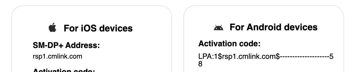 Screenshot of Holafly eSIM activation details. The SM-DP+ Address for iOS devices and the Activation code for Android devices both clearly show the server address 'rsp1.cmlink.com'.