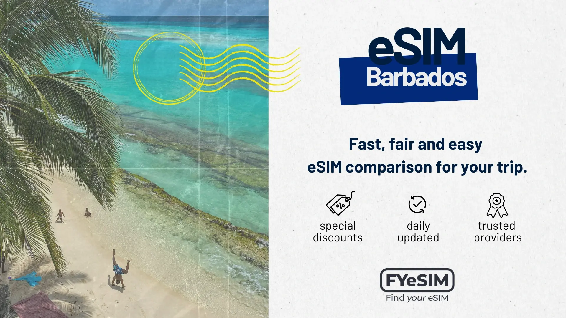 Aerial view of a sunny beach in Barbados with palm trees, overlaid with an "eSIM Barbados" logo and the text "Fast, fair and easy eSIM comparison for your trip".