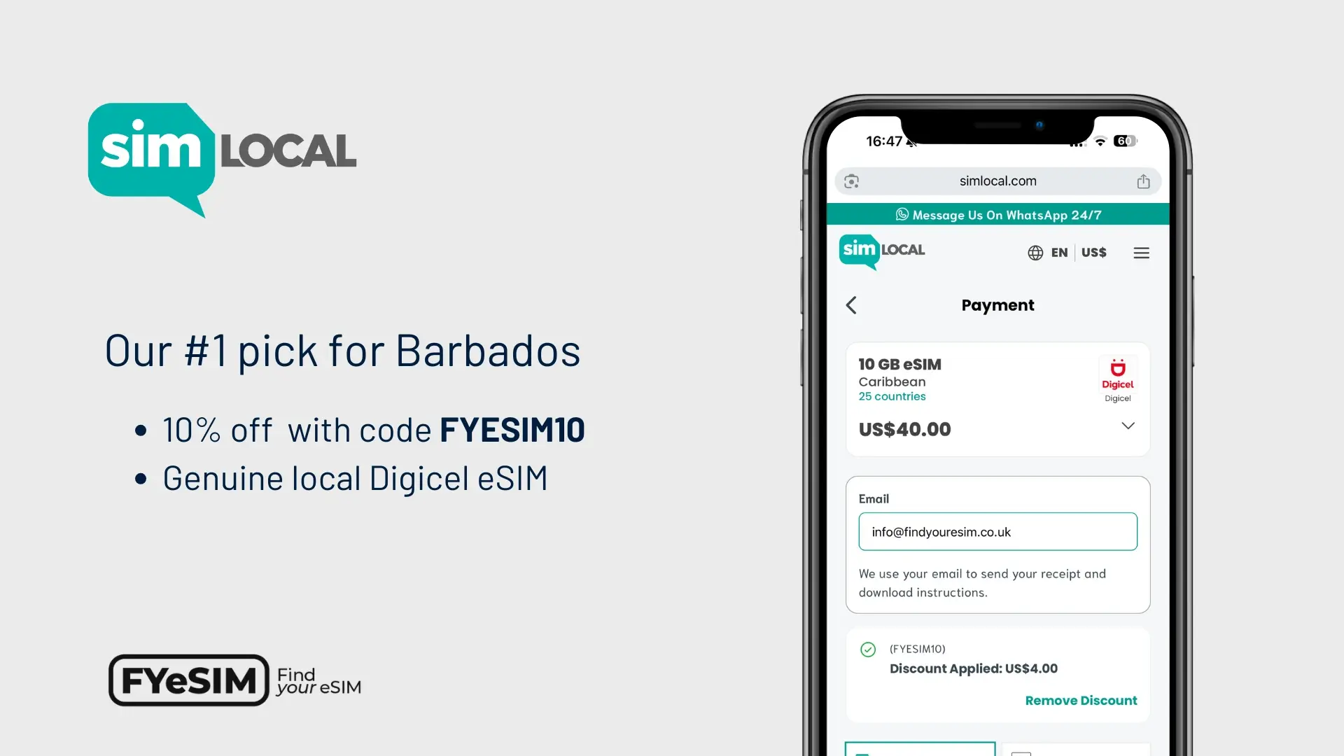 Screenshot of Sim Local payment page for a 10GB Digicel Caribbean eSIM for Barbados, with the Find Your eSIM discount applied