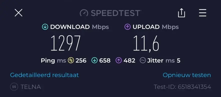 Airalo Speedtest in the UAE, showing speeds well above 1000 Mbps