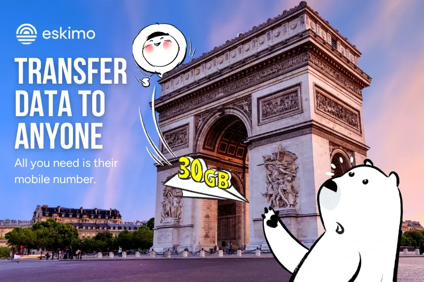 Illustration of an Eskimo eSIM showing a polar bear sharing 30 GB of mobile data near the Arc de Triomphe in Paris, promoting the feature to transfer data to anyone using only their phone number