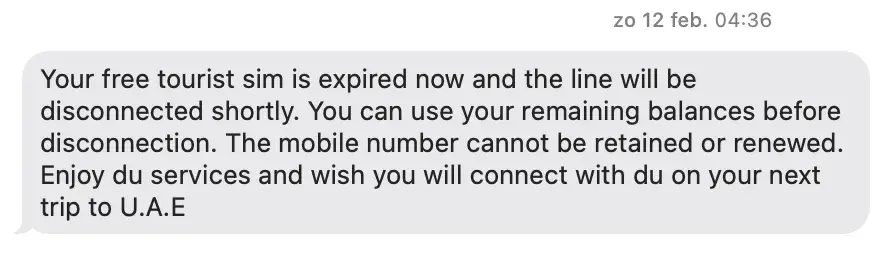 Screenshot of a message from Du in the UAE informing a traveller that their free tourist SIM has expired and will be disconnected shortly, even if a balance remains