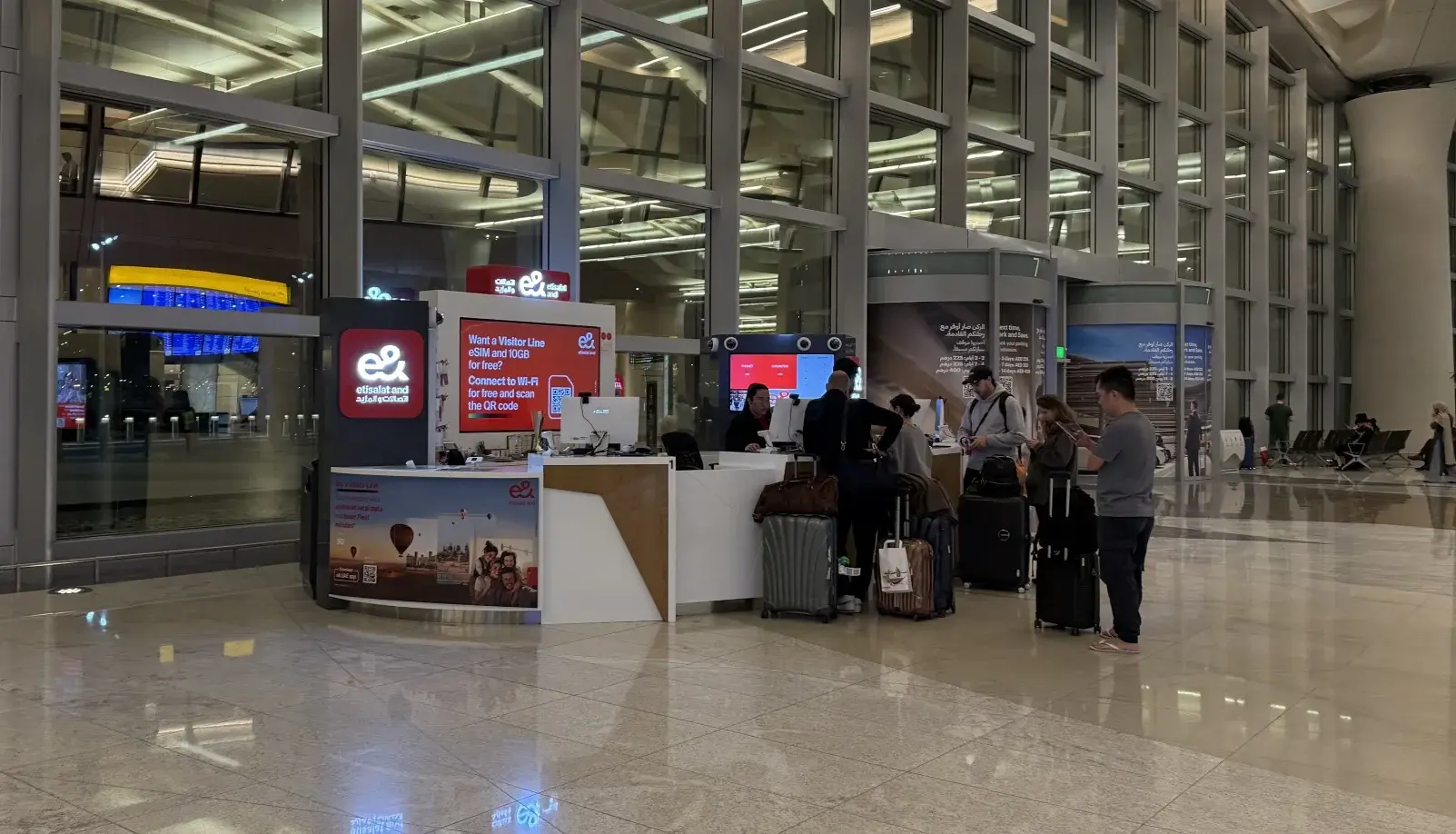 Etisalat by e& service counter at Abu Dhabi International Airport, where travellers can buy SIM cards or eSIMs on arrival