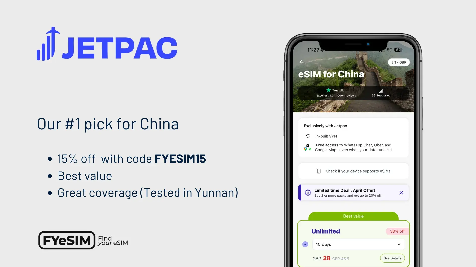Promotional banner for the Jetpac China eSIM with the headline 'Our #1 pick for China' and a 15% discount code, showing a smartphone running the app with 5G support and the Great Wall of China