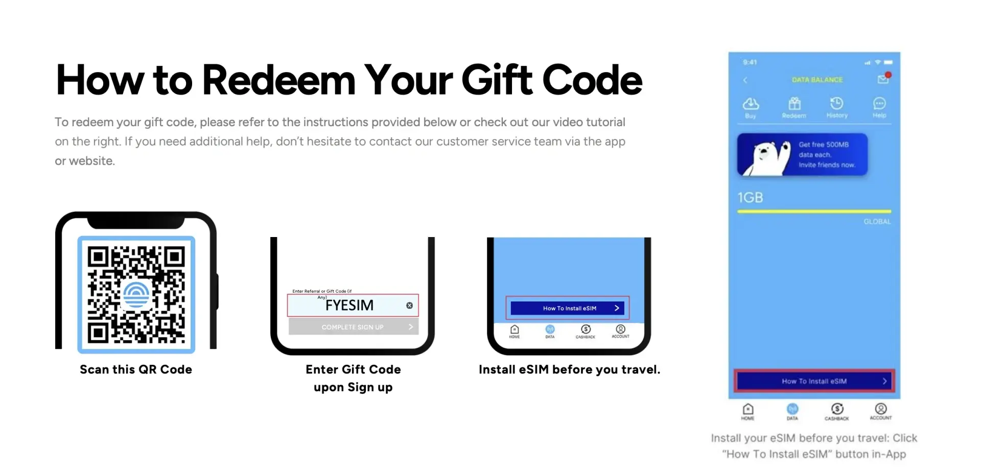 Visual guide showing how to redeem the free 1 GB Eskimo eSIM using a gift code, with installation steps