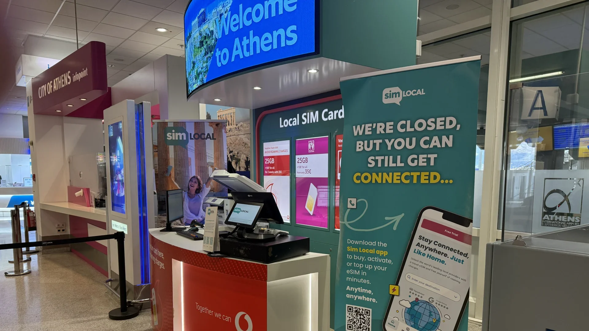 Closed Sim Local kiosk with Vodafone SIM cards at Athens airport