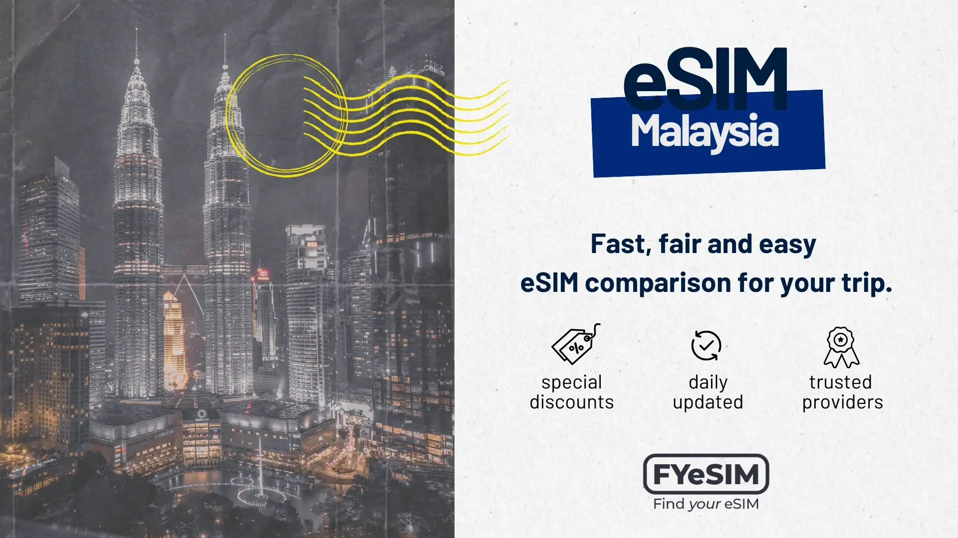 eSIM Malaysia comparison with the Kuala Lumpur skyline at night, featuring the Petronas Twin Towers illuminated against a deep blue sky.