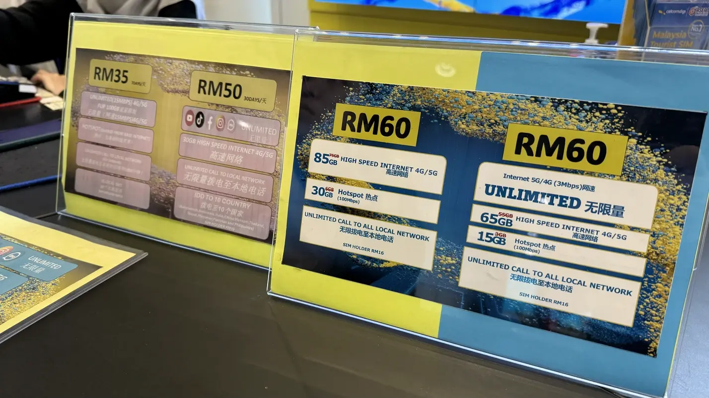 CelcomDigi tourist SIM card price list at Kuala Lumpur International Airport (KLIA), showing data plans and prices in Malaysian Ringgit (RM)