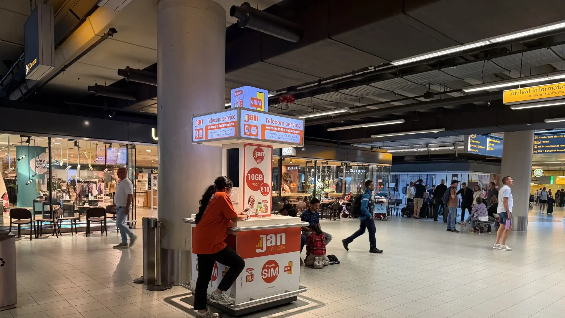 Jan Mobile SIM card kiosk in Schiphol Airport arrivals hall