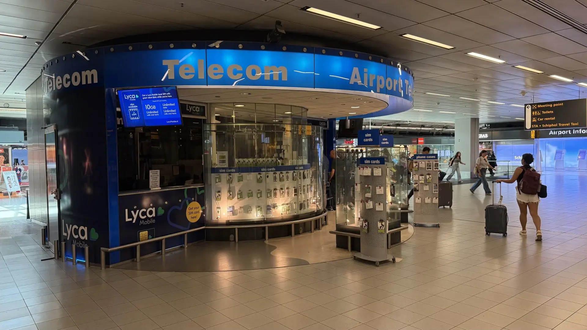 Airport Telecom shop at Schiphol Plaza selling Lyca Mobile SIM cards