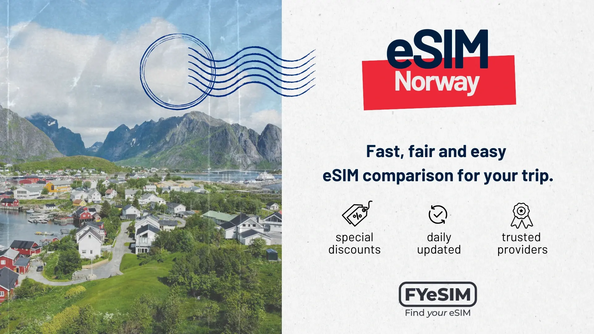 eSIM Norway comparison with a Norwegian village and fjord landscape in the background.