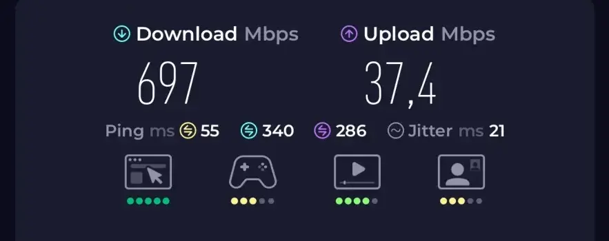 Ookla Speedtest result for Nomad eSIM in Norway, showing 697 Mbps download and 37.4 Mbps upload speed via BICS