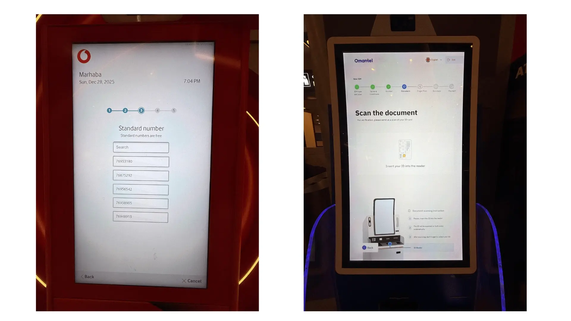 Self-service SIM and eSIM kiosks from Vodafone and Omantel at Muscat International Airport, showing screens for phone number selection and ID document scanning.