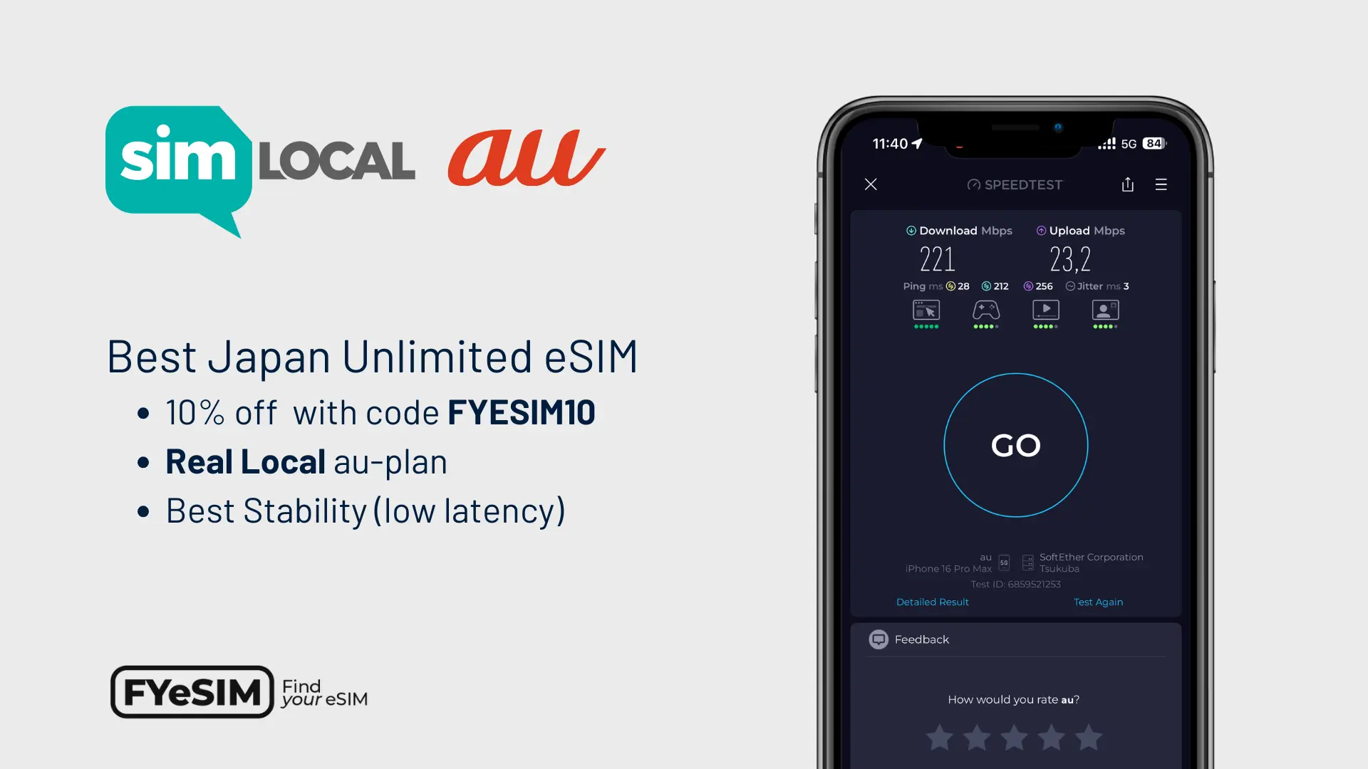 Sim Local Japan eSIM speed test showing 221 Mbps download speed on the au network