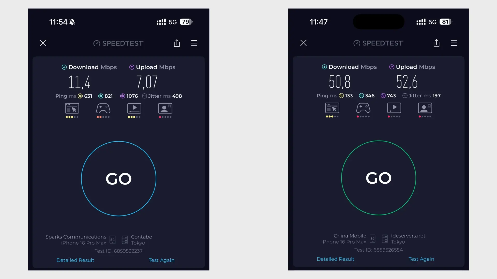 Side-by-side speed test comparison of Yesim (left) and Holafly (right), both showing poor connectivity results