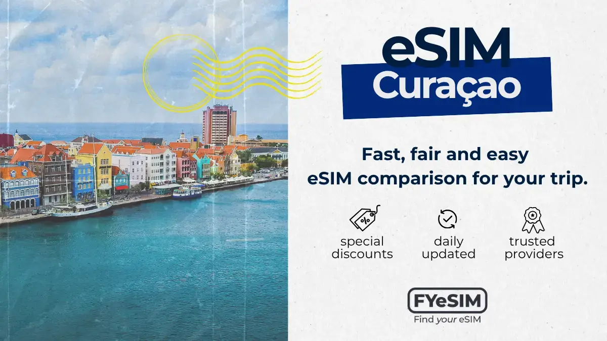 The colourful Handelskade waterfront in Willemstad, Curaçao, with its row of pastel Dutch colonial buildings lining the water under a bright blue sky.