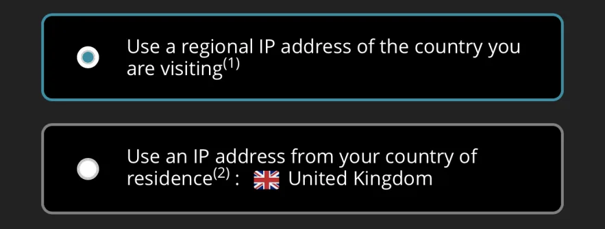 Ubigi's Smart IP screen in the app, with a choice between a regional IP address of the country you are visiting and an IP address from your country of residence, set to United Kingdom