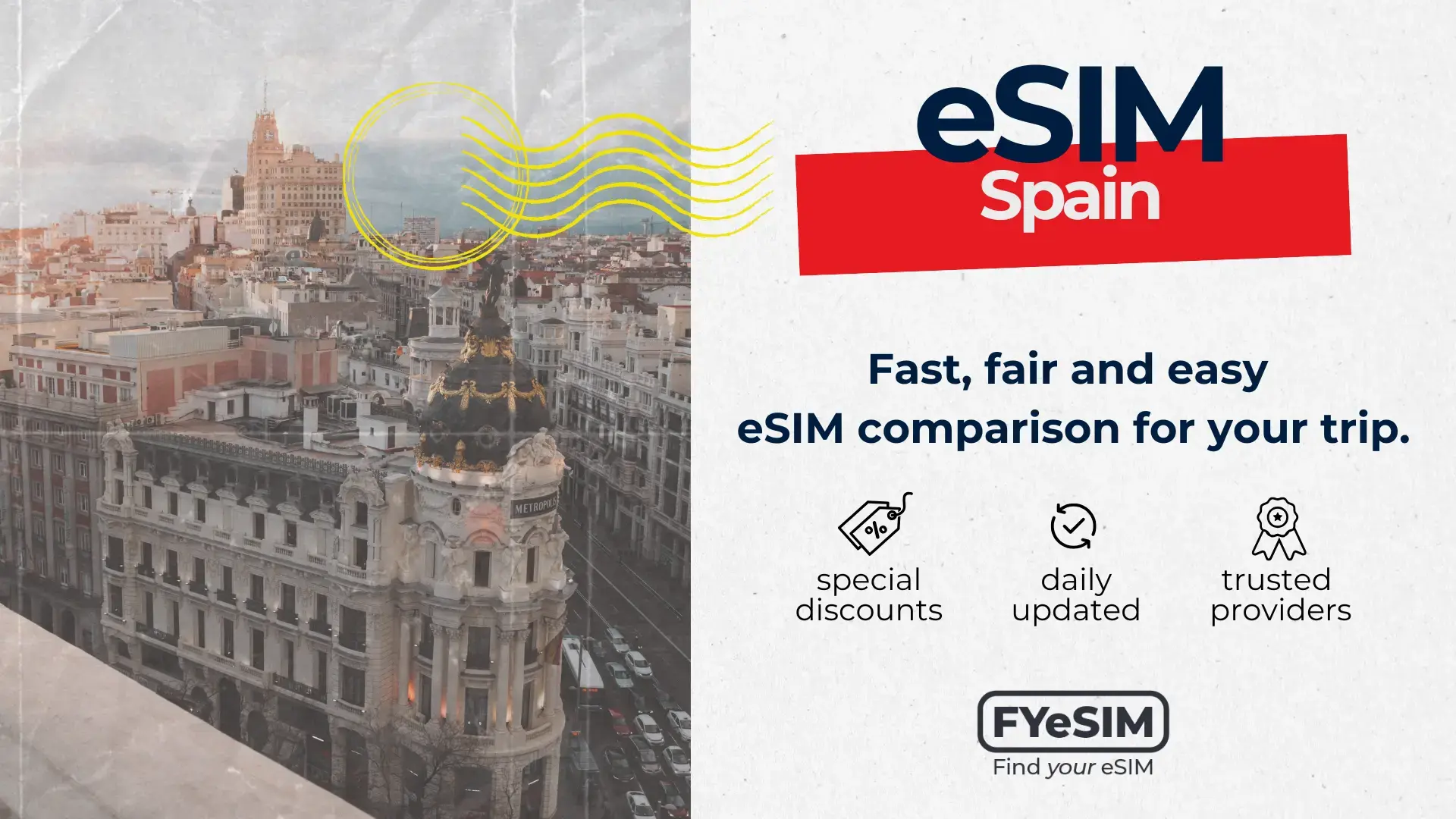 Promotional cover graphic for comparing eSIM and SIM card options for travelling in Spain.