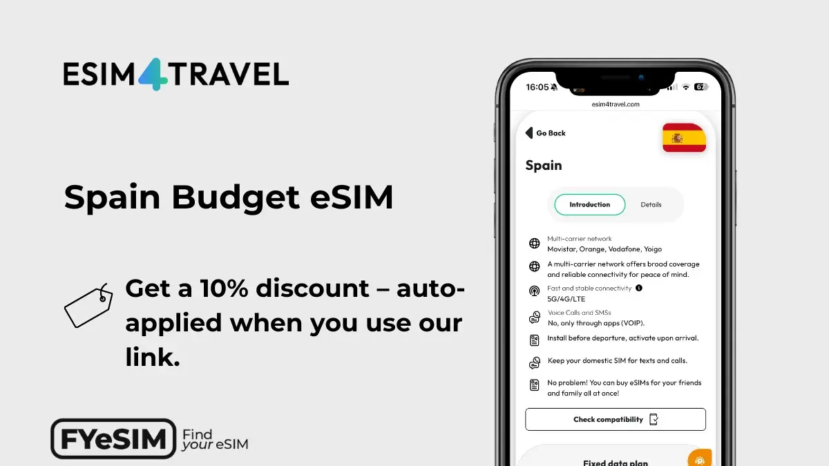 eSIM for Spain displayed on a mobile device with a 10% discount auto-applied, showing multi-carrier network options including Movistar, Orange, Vodafone and Voigo for 5G/4G/LTE connectivity