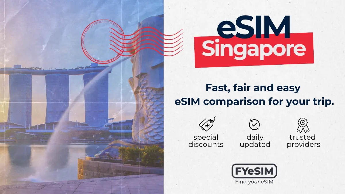 eSIM for Singapore: the Merlion and Marina Bay Sands at sunset