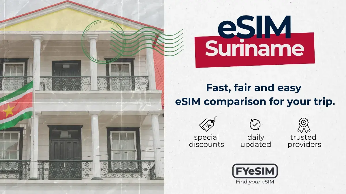 A colonial-style building in Paramaribo flying the Surinamese flag, illustrating a comparison of the best eSIMs for a trip to Suriname.