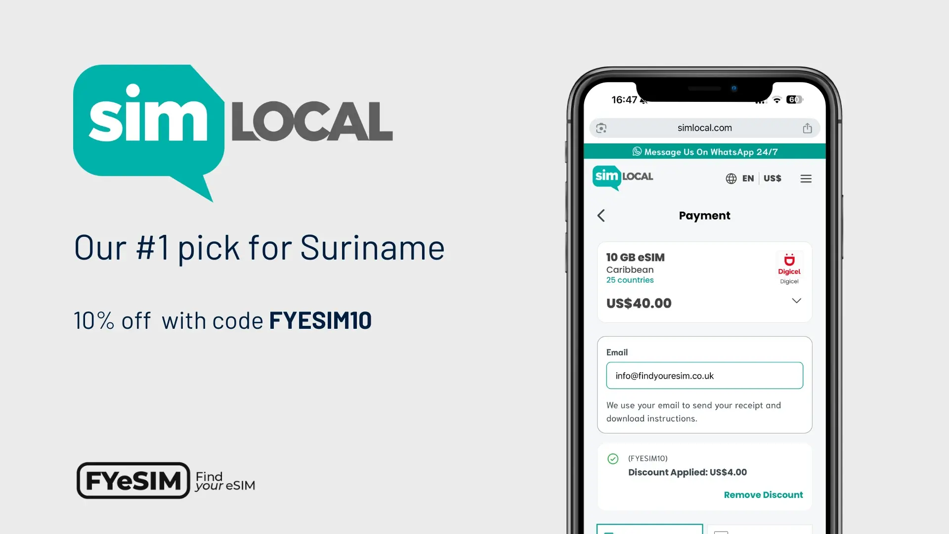 FindYourESIM recommends Sim Local as the number one pick for Suriname, showing the 10% discount code FYESIM10 applied to a Digicel eSIM plan at checkout