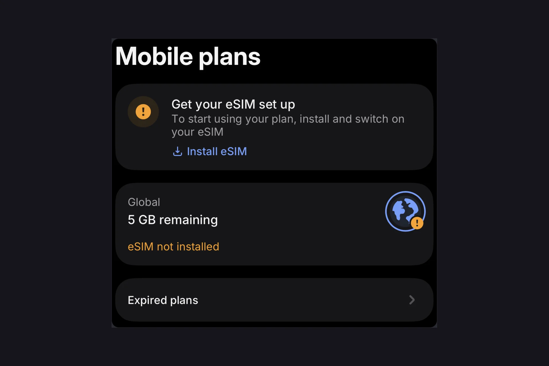 The mobile plans screen in the Revolut app, showing a Global plan with 5 GB remaining and the warning that the eSIM is not installed