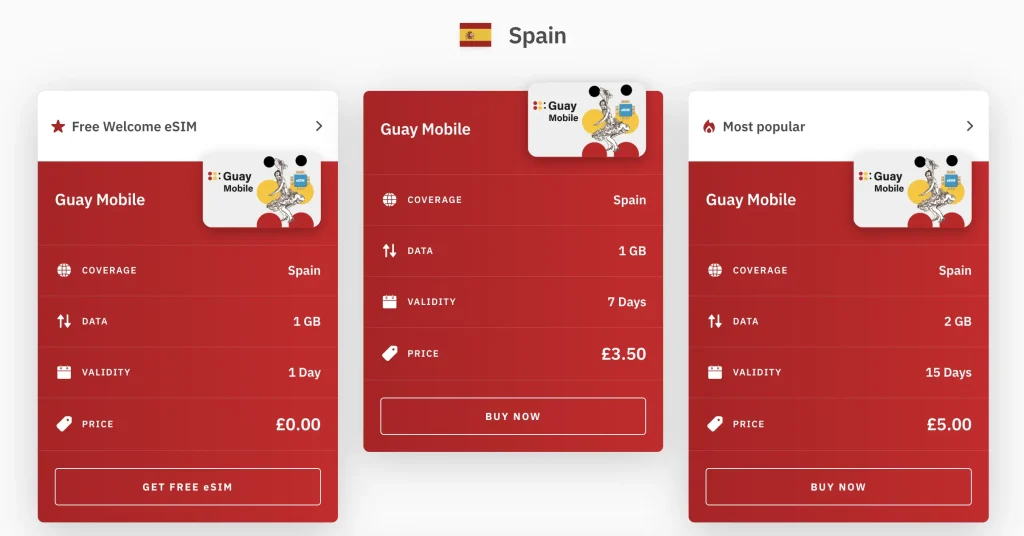 Airalo eSIM options for Spain, including a free trial with 1GB of data for 1 day, as well as paid plans for 1GB over 7 days and 2GB over 15 days.