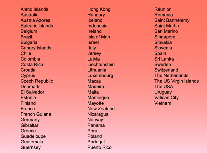 List of the 70+ destinations where the Amigo eSIM with calls and data is available, including European countries, the USA, Australia, and various destinations in Asia.