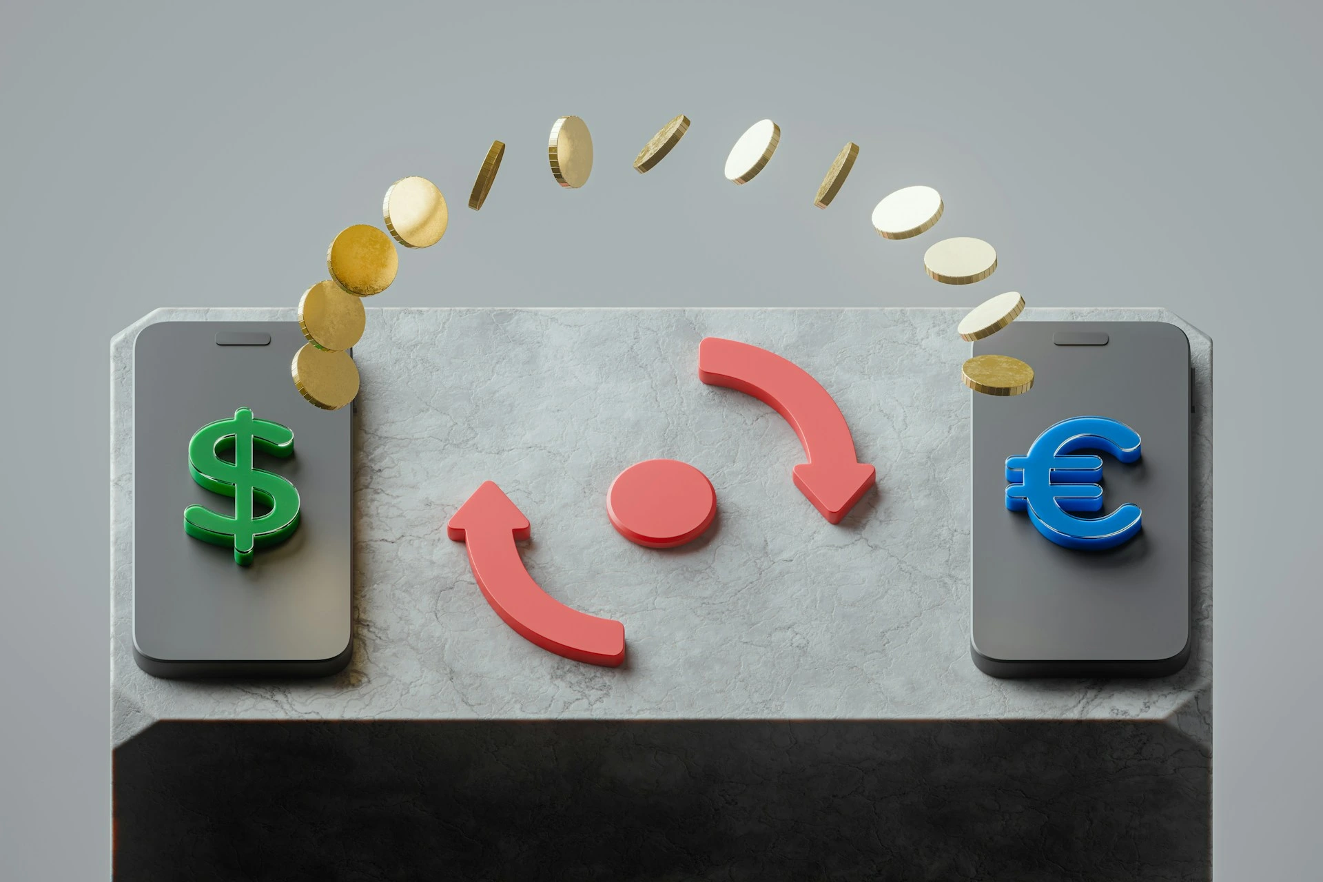 3D illustration of coins moving between two smartphones with dollar and euro symbols, representing saving money by switching payment currency.