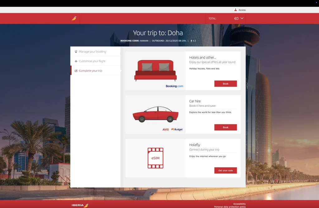 Screenshot of the Iberia website showing the Complete your trip page with a dedicated section for Holafly eSIMs and a red Get your code button.